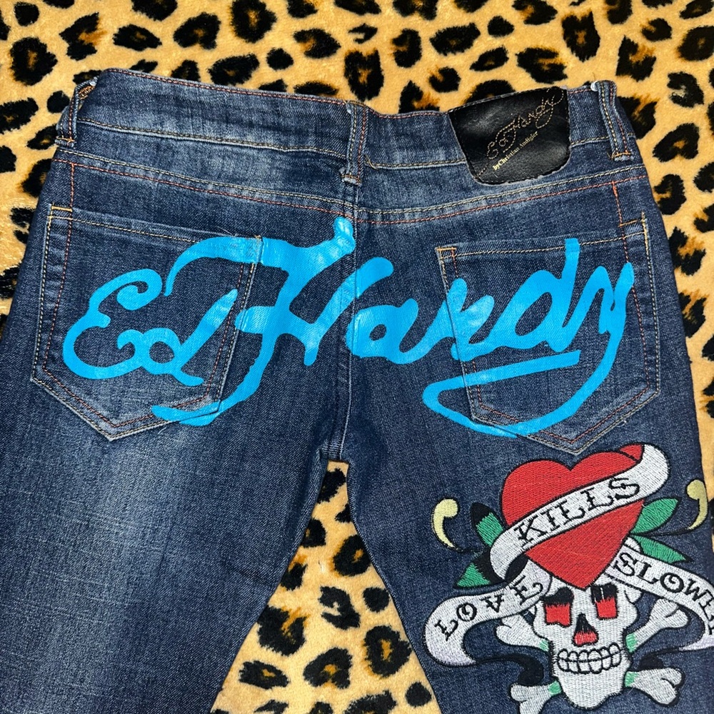 Ed Hardy spell out low rise Dark Blue Jeans with Vibrant Skull Art